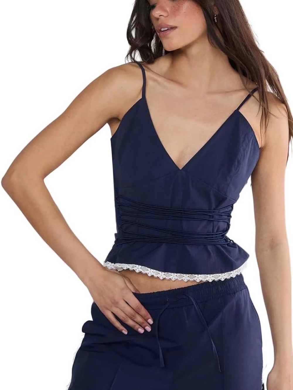 Nasty Gal Navy Lace Trim Corset-Inspired Top — Size 6 NWT